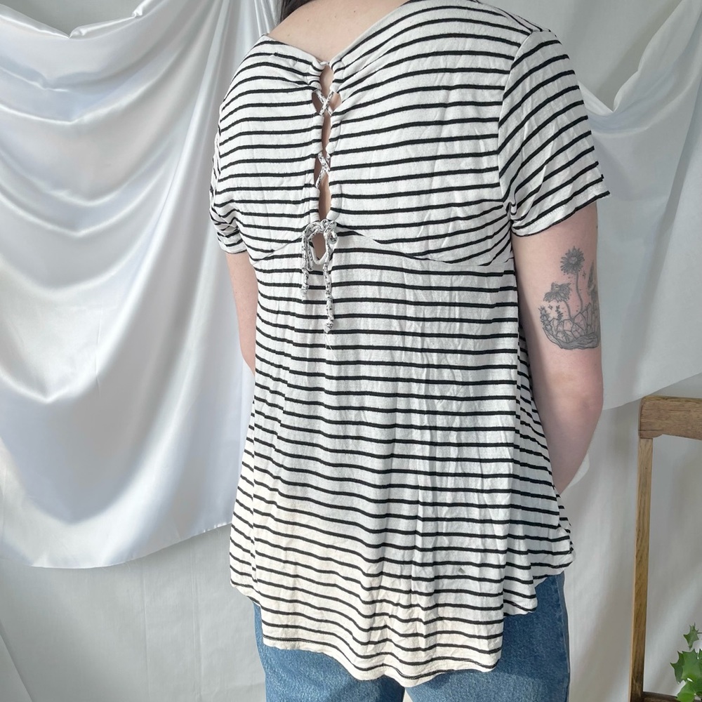 Black and White Striped Tee with Lace Up Back Yoke - Large